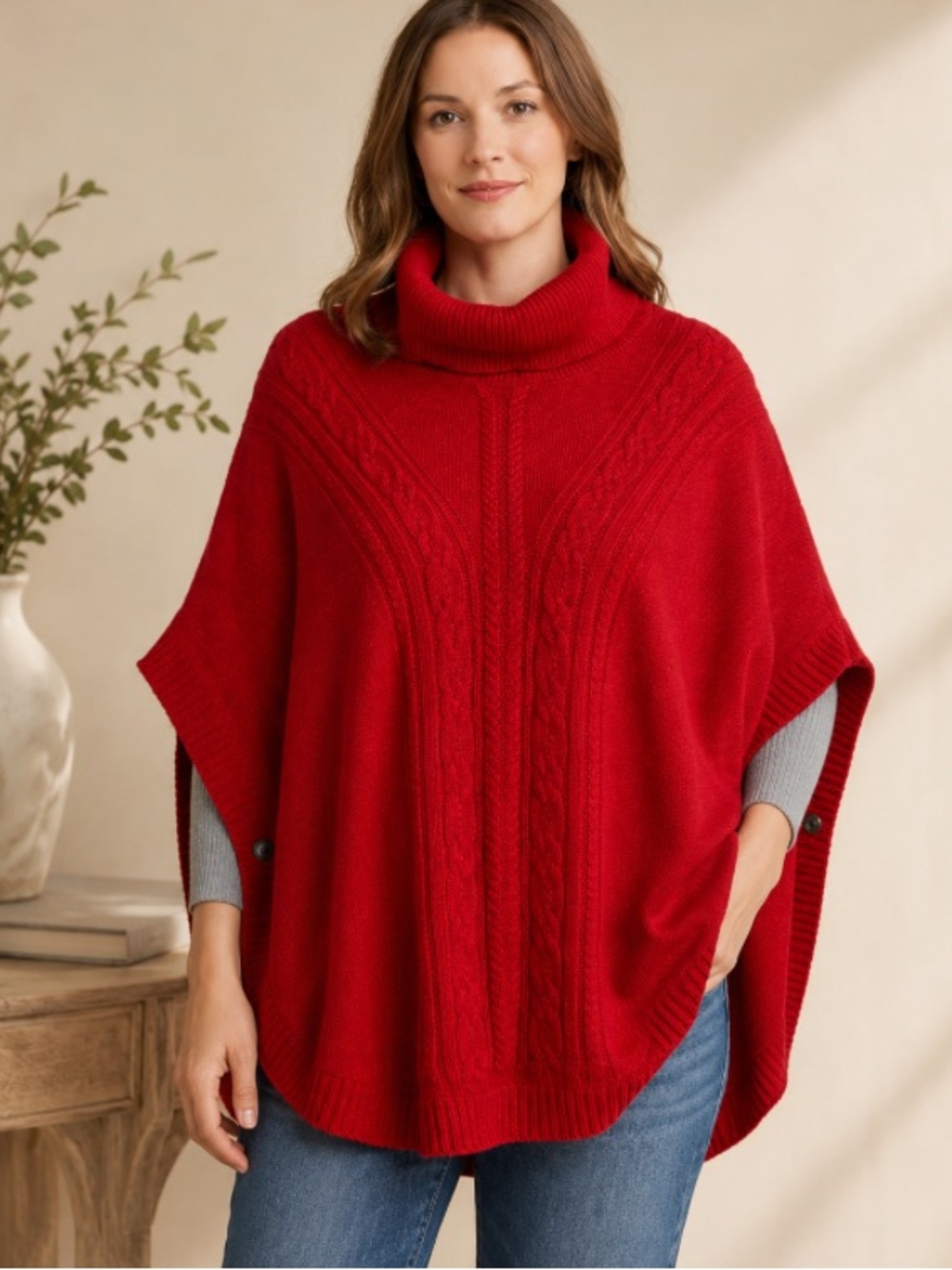 Talbots Cable Knit Sweater Poncho Red Large Cowl Neck Cotton Blend Cozy Cape